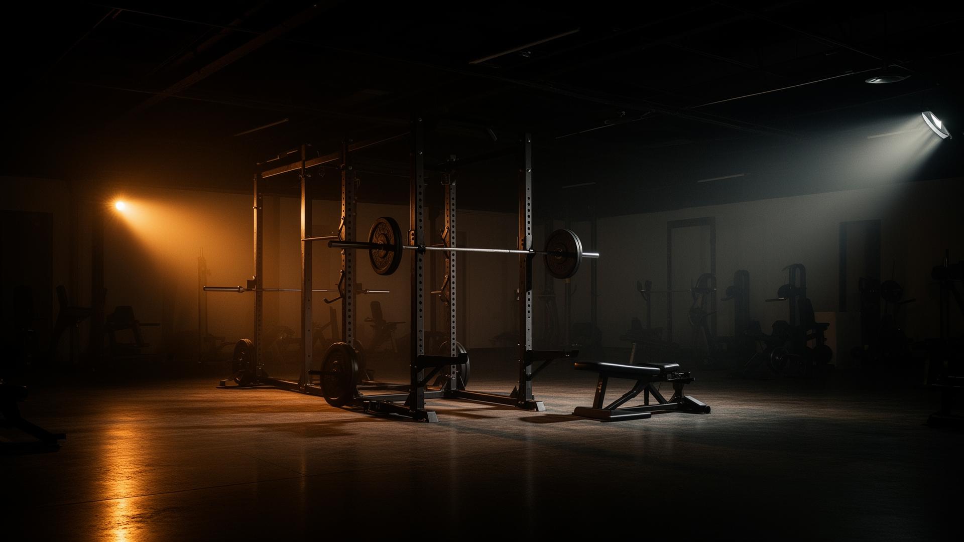 Empty squat rack lit by a single warm light inside the Nanstop Fitness training floor